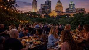 People dining in Austin with city landmarks in the background