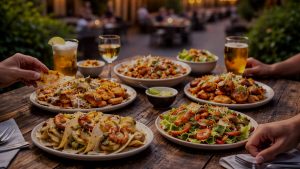 Outdoor dining table with shared dishes representing food experiences across multiple cities