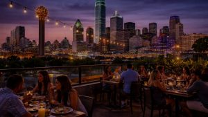 People dining on a rooftop with the Dallas skyline in the background