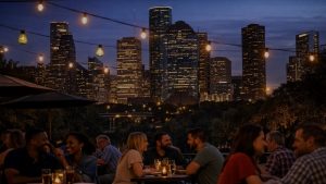 People dining in Houston with downtown skyline in the background