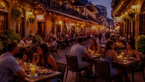 People dining outdoors in the French Quarter with historic New Orleans architecture