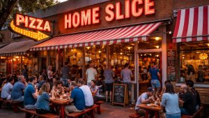 Home Slice Pizza on South Congress Avenue in Austin, Texas, with outdoor seating and the iconic neon sign at sunset.