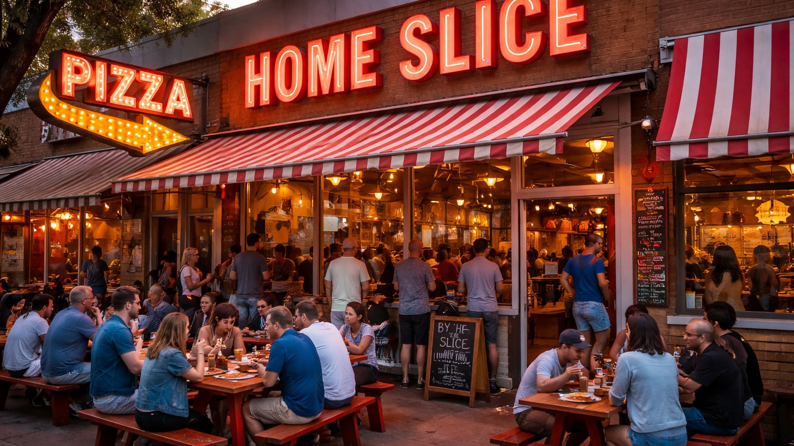 Home Slice Pizza on South Congress Avenue in Austin, Texas, with outdoor seating and the iconic neon sign at sunset.